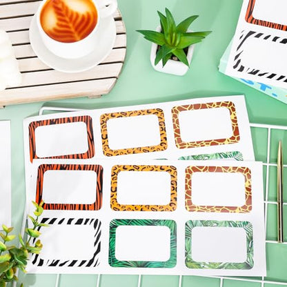 JarThenaAMCS 180 Pcs Animal Print Name Tag Stickers Self-Adhesive Africa Safari Tropical Leaves Nameplates Leopard Label Decals for Back to School Students Teacher Desk Classroom, 3.4 x2.5 Inch - style: Animal Print