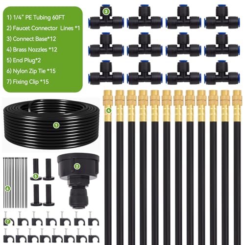 Drip Irrigation System Kit with 12 Pcs Adjustable Brass Nozzles & Bendable Spay Arm, 60ft Garden Watering Misting System for Outdoor Raised Bed, Potted Plant, Yard, Greenhouse - size: 60ft+12pcs nozzles and connectors