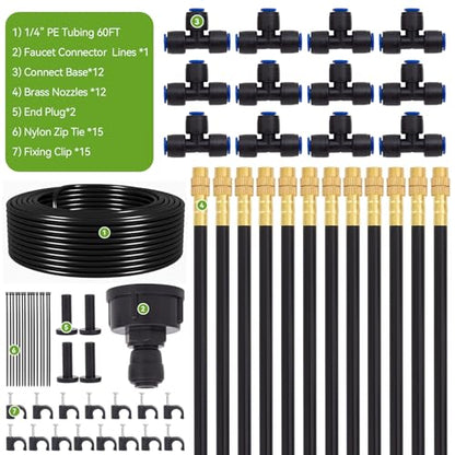 Drip Irrigation System Kit with 12 Pcs Adjustable Brass Nozzles & Bendable Spay Arm, 60ft Garden Watering Misting System for Outdoor Raised Bed, Potted Plant, Yard, Greenhouse - size: 60ft+12pcs nozzles and connectors