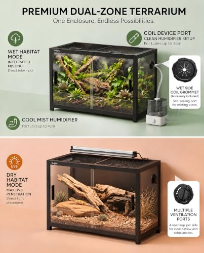 48 Gallon Reptile Tank, Gecko Reptile Enclosure Front Sliding Door | Stackable ventilation Gecko reptile terrariums Tank anti-escape locks and no-fingerprint handles humidification atomization - color: Black, size: 48 Gallon