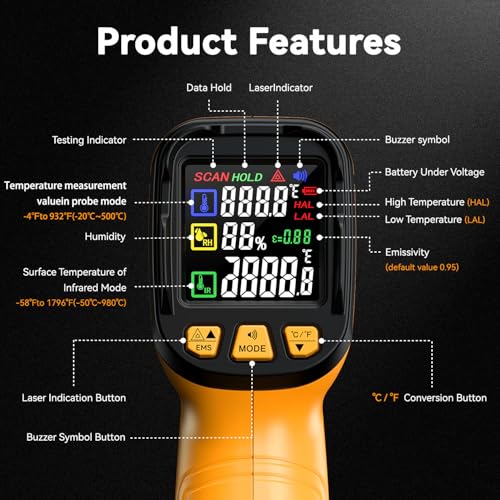 Infrared Thermometer Gun -58°F to 1796°F, 50:1 Temperature | Gun with K-Type Probe -4°F to 932°F for Cooking, Pizza Oven, Griddle, BBQ, HVAC, Automotive, Home & Industrial Use