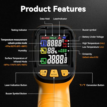 Infrared Thermometer Gun -58°F to 1796°F, 50:1 Temperature | Gun with K-Type Probe -4°F to 932°F for Cooking, Pizza Oven, Griddle, BBQ, HVAC, Automotive, Home & Industrial Use