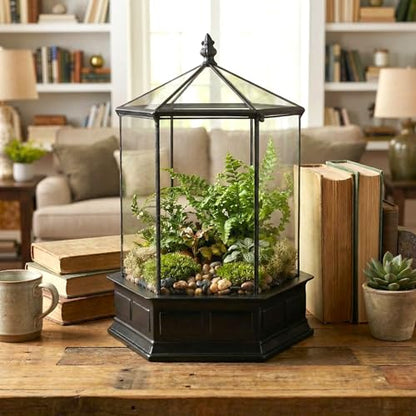 H Potter Six-Sided Glass Terrarium Wardian Case Succulent Planter | Hinged Roof, Indoor Plant Display, Resin Base, Decorative Tabletop