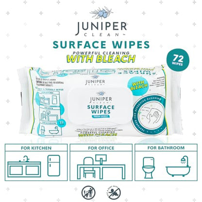 Juniper CLEAN 24 Pack Surface Cleaning Wipes with Bleach, All-Purpose Cleaner for Bathroom, Kitchen, Office, 1728 Count Soft Flow, Fresh Scent, Lint Free & Durable - size: 72 Count (Pack of 24)