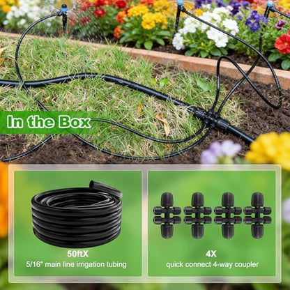 50FT 5/16" Drip Irrigation Tubing and 4 Packs 4-Way Quick Coupler, Push-to-Connect Fittings- DIY Garden Irrigation System, Misting, or Blank Distribution Tubing for Any Gardening Project - size: 50FT