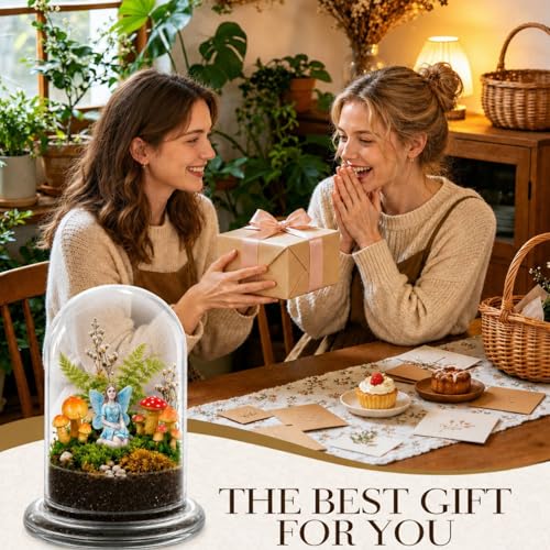 Hushee 5 Pack Decorative 1 Glass Cloche Dome 6.3'' x 4.7'' with 3 Mushroom & 1 Fairy Figurines Closed Terrarium Glass Cloche with Base for Desk Mini Plant Indoor Miniature Tabletop - No Plants - size: 6.3'' X 4.7''