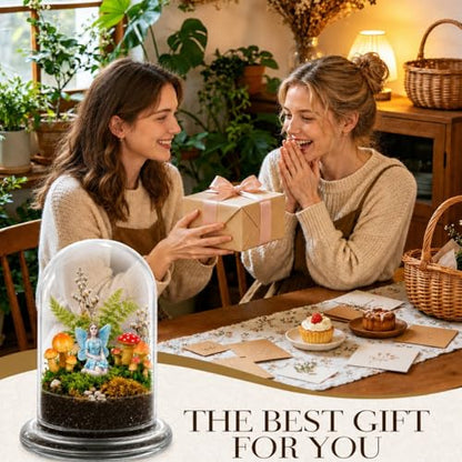 Hushee 5 Pack Decorative 1 Glass Cloche Dome 6.3'' x 4.7'' with 3 Mushroom & 1 Fairy Figurines Closed Terrarium Glass Cloche with Base for Desk Mini Plant Indoor Miniature Tabletop - No Plants - size: 6.3'' X 4.7''