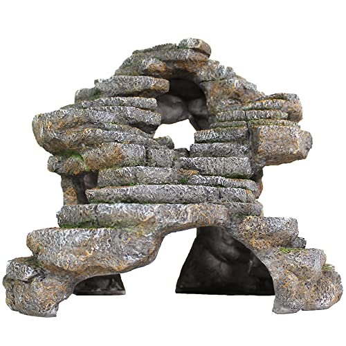 Penn-Plax Reptology Shale Scape Step Ledge & Cave Hideout - Durable Resin Reptile Platform for Climbing & Basking -Realistic Rock Decor for Territorial Fish & Reptiles -Blue Camo, 11.8 x 9.5 x 10.5 In - size: Extra Large