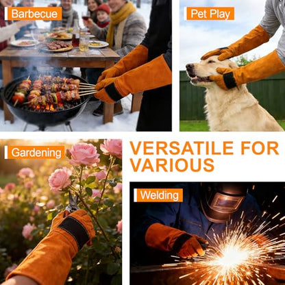 23.6Inches Heat Resistant Welding Gloves, Fire & Heat Proof Fireplace Gloves, Bite & Scratch Resistant, Heavy Duty Leather for Welding/BBQ/Wood Stove/Furnace/Oven/Forge/Animal Handling/Pet Care - size: 23.6 inches