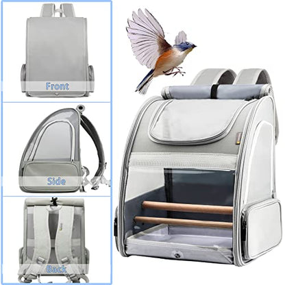 Texsens Bird Carrier Backpack - Pet Travel Cage with Upgraded Tray and Standing Perches, Breathable & Portable, for Small Birds, Green Cheek, Cockatiel, Parrot (Grey)