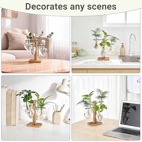 Mkono Propagation Stations,4 Heart Shaped Glass Plant Vases with Wood Stand | Hydroponic Terrarium, Desktop Propagation Jars, Cute Air Plant Flower Holder,Home Office Decor, Plant Lover Gardening Gift - size: 4 Heart Bulb Vase