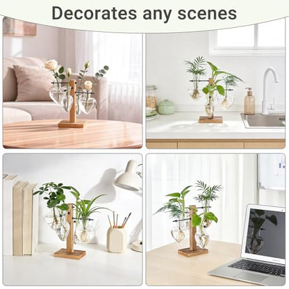 Mkono Propagation Stations,4 Heart Shaped Glass Plant Vases with Wood Stand | Hydroponic Terrarium, Desktop Propagation Jars, Cute Air Plant Flower Holder,Home Office Decor, Plant Lover Gardening Gift - size: 4 Heart Bulb Vase