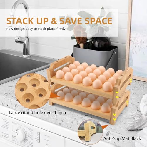 48 Egg Holder Countertop 2-Tier Stackable Bamboo Egg Tray with Anti-Slip Pads/Ventilation Design, Fresh Eggs Storage Organizer for Chicken/Duck/Turkey Eggs - style: Rustic 48Pcs