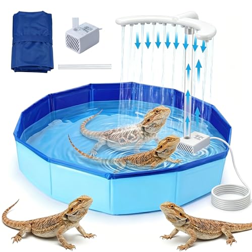Trynellis Large Electric Bearded Dragon Pool with U-Shaped Shower - 19.7" Foldable Bearded Dragon Bathtub & Automatic Water Dispenser - Anti-Leak, Swimming Bath Accessories for Lizards & Turtles