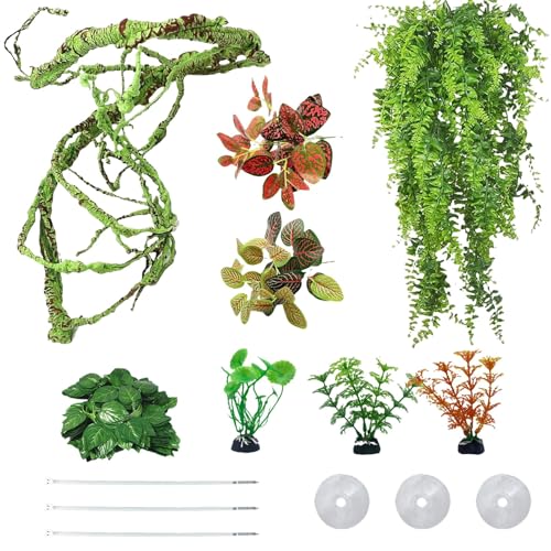 kathson 8 PCS Reptile Vines Plants Flexible Bendable Jungle Climbing Vine Terrarium Plastic Plant Leaves Pet Tank Habitat Decor for Bearded Dragons Lizards Geckos Snakes Frogs and More Reptiles - size: 8 PCS