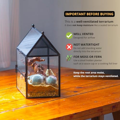 NCYP Glass Enclosure with Vent Holes for Small Insect, Jumping Spiders, Mantis - 7.5" x 4.9" x 9" Front Opening Door House Shape Vented Glass Terrarium, Home Decor Black (Terrarium Only) - size: 7.5" x 4.9" x 9"