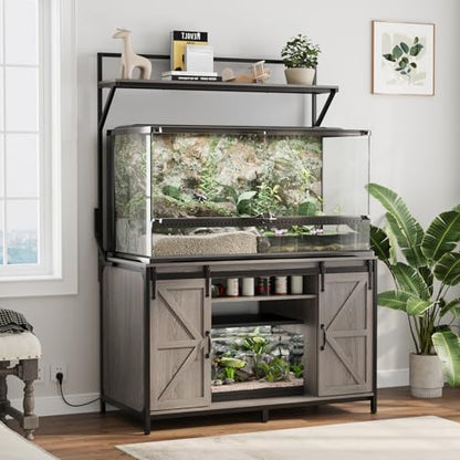 VOWNER 48"x24" Reptile Tank Stand with Power Outlet & Storage Cabinet, Grey | Fits up to 120 Gallon Bearded Dragon Tank, Sliding Barn Doors, Heavy Duty Aquarium Stand, Reptile Turtle Terrarium Stand - color: Grey