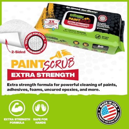 Crocodile Cloth PaintSCRUB Extra-Strength Cleaning Wipes, 60 Count | Paint, Epoxy, Tar & Adhesive Remover for Concrete, Tiles, Hands & Tools