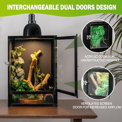 18"x18"x36" Hybrid Reptile Enclosure Cage with Aluminum Frame, PVC Side & Back Panels, Interchangeable Screen & Acrylic Front Doors, Ventilated Top, Ideal for Chameleon & Arboreal Reptiles - size: 18x18x36 inch-two doors