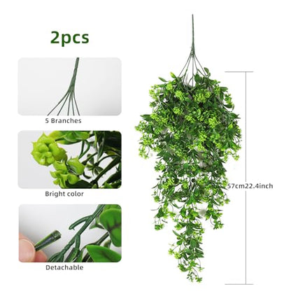 RECUTMS Fake Hanging Plants 2Pcs Outdoor Greenery Artificial Hanging Flower for Outdoors Hanging Basket Artificial Hanging Plants Plastic Home Garden Wedding Party Shelf Aesthetic Decorations(Green) | Faux Green Flowers with Eucalyptus Leaves UV Resistant