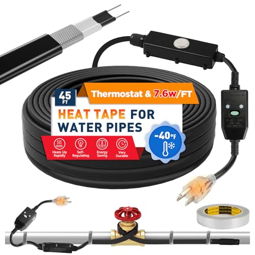 3~100FT Heat Tape for Water Pipes, UL & ETL Certified 45 FT Self-Regulating Pipe Heating Cable with Thermostat for Pipe Freeze Protection, Waterproof Heat Tape for Metal and Plastic Pipes,Black(1pcs) - color: Black, style: 45 FT