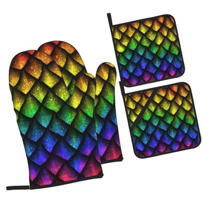Dragon Scales Reptile Skin Heat Resistant Oven Mitts and Pot Holders Set of 4-500°f Protection Utensil Pocket for Grilling, Baking, Cooking