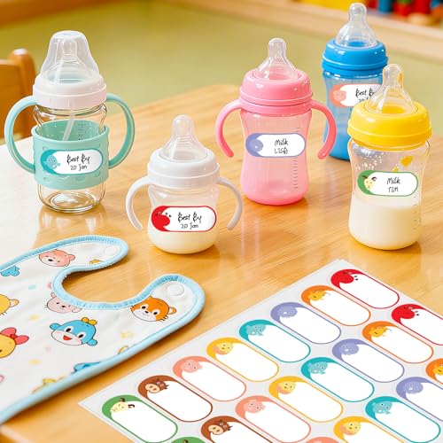 1 x 2.5 Inch Baby Bottle Labels, 22 Sheets, 528 PCS | Writable Animal Name Stickers, Resist Water , Freezer Conditions, Remove Cleanly from Reusable Bottles and Containers