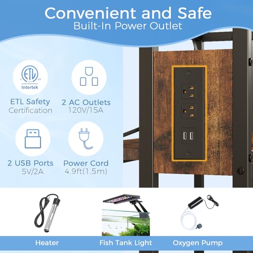 20-29-37 Gallon Fish Tank Stand with Power Outlet,Adjustable Aquarium Stand, Heavy Duty Terrarium Stand,Metal Frame Reptile Turtle Tank Stand Suitable for Home Office,600LBS Capacity, Rustic Brown - color: Rustic Brown, size: 20-29-37 Gallon