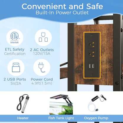 20-29-37 Gallon Fish Tank Stand with Power Outlet,Adjustable Aquarium Stand, Heavy Duty Terrarium Stand,Metal Frame Reptile Turtle Tank Stand Suitable for Home Office,600LBS Capacity, Rustic Brown - color: Rustic Brown, size: 20-29-37 Gallon