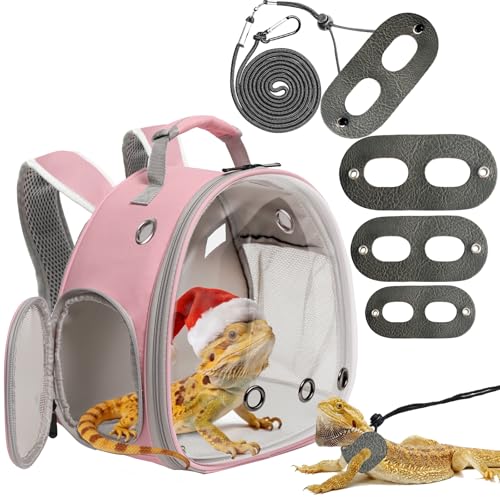 Lizard Backpack Travel Carrier,Bearded Dragon Travel Backpack with Harness and Leash Set,Space Capsule Clear Bubble Window Astronaut Reptile Carrier Backpack, Airline Approved - color: Pink