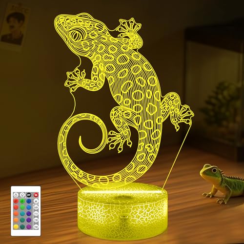 OkiyiD Leopard Gecko 3D Illusion Lamp - 16 Color Night Light with Remote, Gecko Reptile Tank Accessory Decor, Lizard Habitat Decor Gifts for Reptile Lovers Boys & Girls - style: Gecko