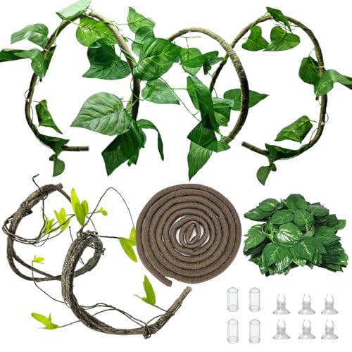 5Pcs Reptile Vines for Terrarium 13FT Flexible Jungle Climbing Vine Branch for Bearded Dragon Plastic Plants and Leaves Tank Accessories Decor for Gecko Lizard Snake Chameleon Hermit Crab Frog