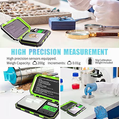 Fuzion Digital Pocket Scale, 200g x 0.01g Gram Scale High Precision | Mini Jewelry Scale with 50g Calibration Weight, 6 Units Ounces Grains, Tare Function for Jewelry, Coin, Powder, Food - color: Green, size: 200/0.01g