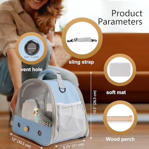 Bird Carrier, Portable Small Bird Parrot Parakeet Carrier with Standing Perch and Soft Mat, Side Access Window Collapsible (Blue, Clear Windows) - color: Blue