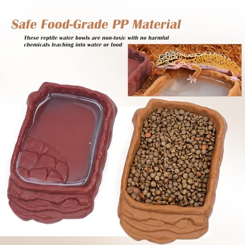 2 Pack Reptile Water Bowls, Rock Reptile Food Dish, Plastic Terrarium Feeding Bowl for Bearded Dragon Leopard Gecko Lizard Turtle Frog Snake Small Pets (Brown and Yellow)