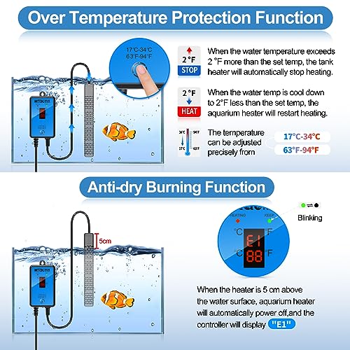 HiTauing Aquarium Heater, Upgraded 300W/500W Fish Tank Heater with Intelligent Leaving Water Automatically Stop Heating and Advanced Temperature Control System, Suitable for Saltwater and Freshwater - size: 300W for 40-75 Gallon