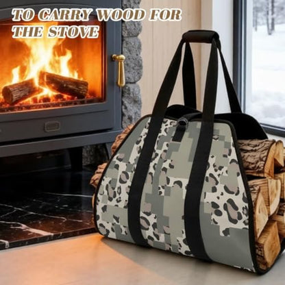 Leopard Camo Print Firewood Carrier Bag for Fireplace Camping | Soft Padded Handles, Large Capacity, Lightweight Foldable Design, for RV Trips and Backyard Fire Parties - color: Gray Block Leopard Camo Splice Print
