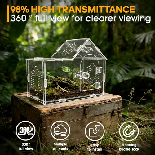 Acrylic Jumping Spider Enclosure with Magnetic Lock – Clear Ventilated Terrarium Box for Tarantulas, Geckos, Mantises, Hermit Crabs, Snails, and Other Small Pets (7.9 x 4 x 6 Inch) - size: 7.9" x 4" x 6"