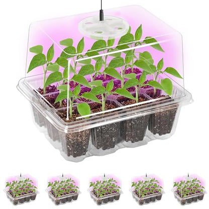 Seed Starter Trays with 12-LED Grow Lights, Clear, 5 Pack | 5 clear-base seedling kits, 60 cells, 12-LED grow light per tray, vented humidity domes, drainage holes, 1-to-5 USB cable - color: Clear, size: 5 Packs