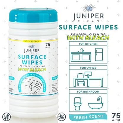 Juniper CLEAN 4 Pack Surface Cleaning Wipes with Bleach, All-Purpose Cleaner for Bathroom, Kitchen, Office, 300 Count Canister, 7.5" x 7" Sheet, Fresh Scent, Lint Free & Durable - size: 75 Count (Pack of 4)