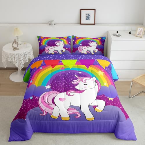 Erosebridal Kids Unicorn Down Comforter Queen Size Girls Comforter Set Cute Unicorn Print Bedding Set Girls Comforter Kids Animal Cartoon Bedding Children Duvet Set, Purple - color: Multi 88, size: Queen