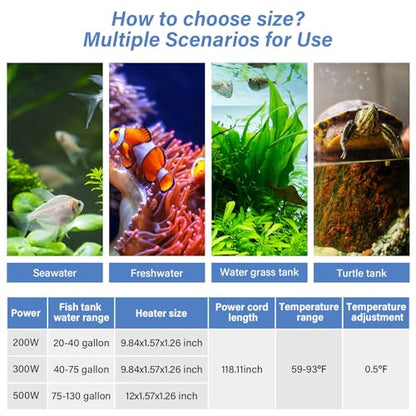hygger 200w Aquarium Heater, Submersible Fish Tank Heater with Intelligent Temperature Control and Leaving Water Automatically Stop Heating System, for 20-40 Gallon Tanks - size: 200W (for 20-40 gallon)