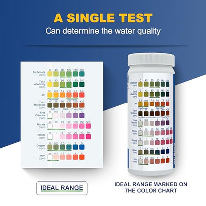 Aquarium Test Strips,100 Strips 9 in1 Saltwater and Freshwater Aquarium Test Kit for Aquarium,Pond and Fish tank,Testing Carbonate,Alkalinity,pH,Hardness,Free Chlorine,Nitrate,Nitrite,copper and Iron.