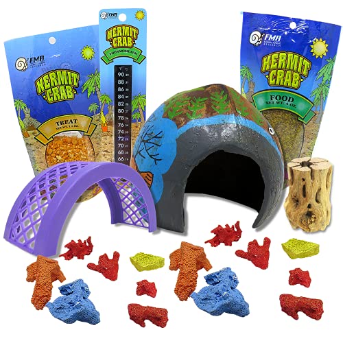 Needzo DIY Hermit Crab Habitat Starter Kit with Calci Food Blocks, Choya Wood, Coral Pieces, Large Coconut Hut, Crossing Bridge, Thermometer, Food & Treat Pouch, All in One Pet Supplies, 10 Items