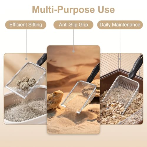 Chedin Stainless Steel Mesh Litter Scoop,Fine Mesh Metal Cat Litter Scooper with Non-Slip Handle,Reptile Sand Sifter for Cat Litter Box & Reptile Terrarium Waste