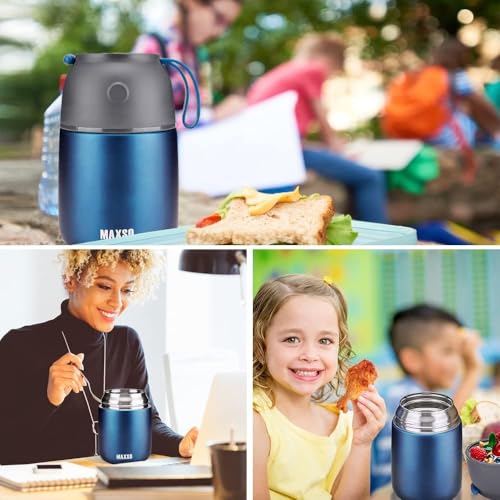 MAXSO 2 Pack Soup Thermo for Hot & Cold Food for Kids Adults, Vacuum Insulated Food Jar Thermal Lunch Containers, Travel Food Flask with Spoon (24 oz,17 oz) (Dark Blue) - color: Dark Blue