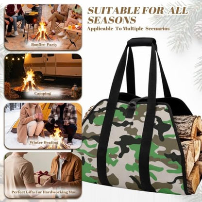 Woodland Camo Print Firewood Transport Bag Log Storage Tote | Large Capacity, Padded Handles, Open-Ended Design, Fits Home Fireplace, Camping Travel Backyard Gatherings - color: Classic Woodland Light Camo Print