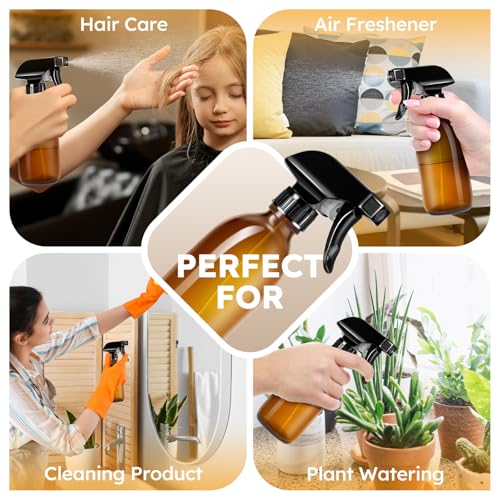 Tecohouse Glass Spray Bottles 8oz, 2 Pack Amber Glass Spray Bottles | Empty Glass Spray Bottles for cleaning, Plants, Pets, Hair, Durable Spray Nozzle, Fine Mist, Labels, Funnel, Pipettes - color: Amber