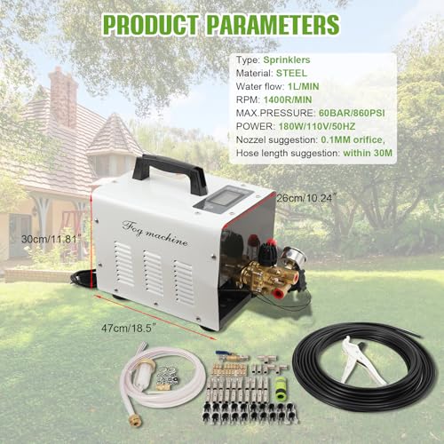 860PSI High Pressure Mist Cooling System Pump with 20pcs Nozzles, 180W Mister System for Outside Patio, Patio Misting Mister System Kit Greenhouse Misting System