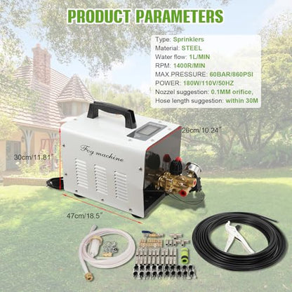 860PSI High Pressure Mist Cooling System Pump with 20pcs Nozzles, 180W Mister System for Outside Patio, Patio Misting Mister System Kit Greenhouse Misting System